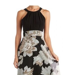R & M Richards Black and White Pleated Tiered Maxi Dress